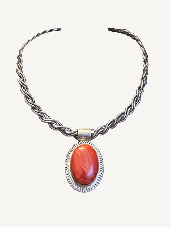 925 Sterling Silver Jewelry - VTG 925 Sterling Spiny Oyster Pendant + Twisted Collar Stamped Maker Mark 48g